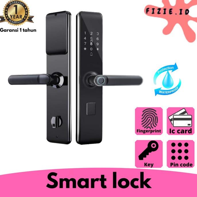 

smart home fingerprint smart door lock handle kunci pintu digital - Hitam