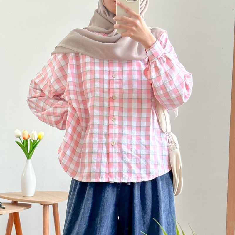 Mily Korean Tartan Shirt - Kemeja Crinkle Crop Semi Oversize