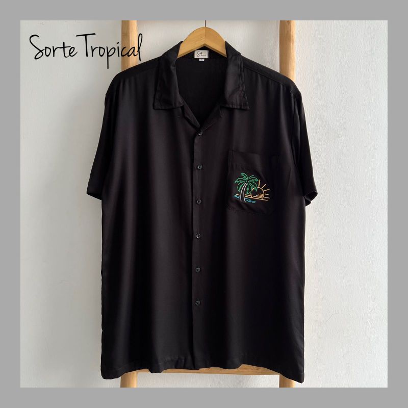 Hem Baju Kemeja Pantai Hawaii Pria Wanita Casual Plain Polos Hitam - Bordir Sunny Day Exclusive Edition