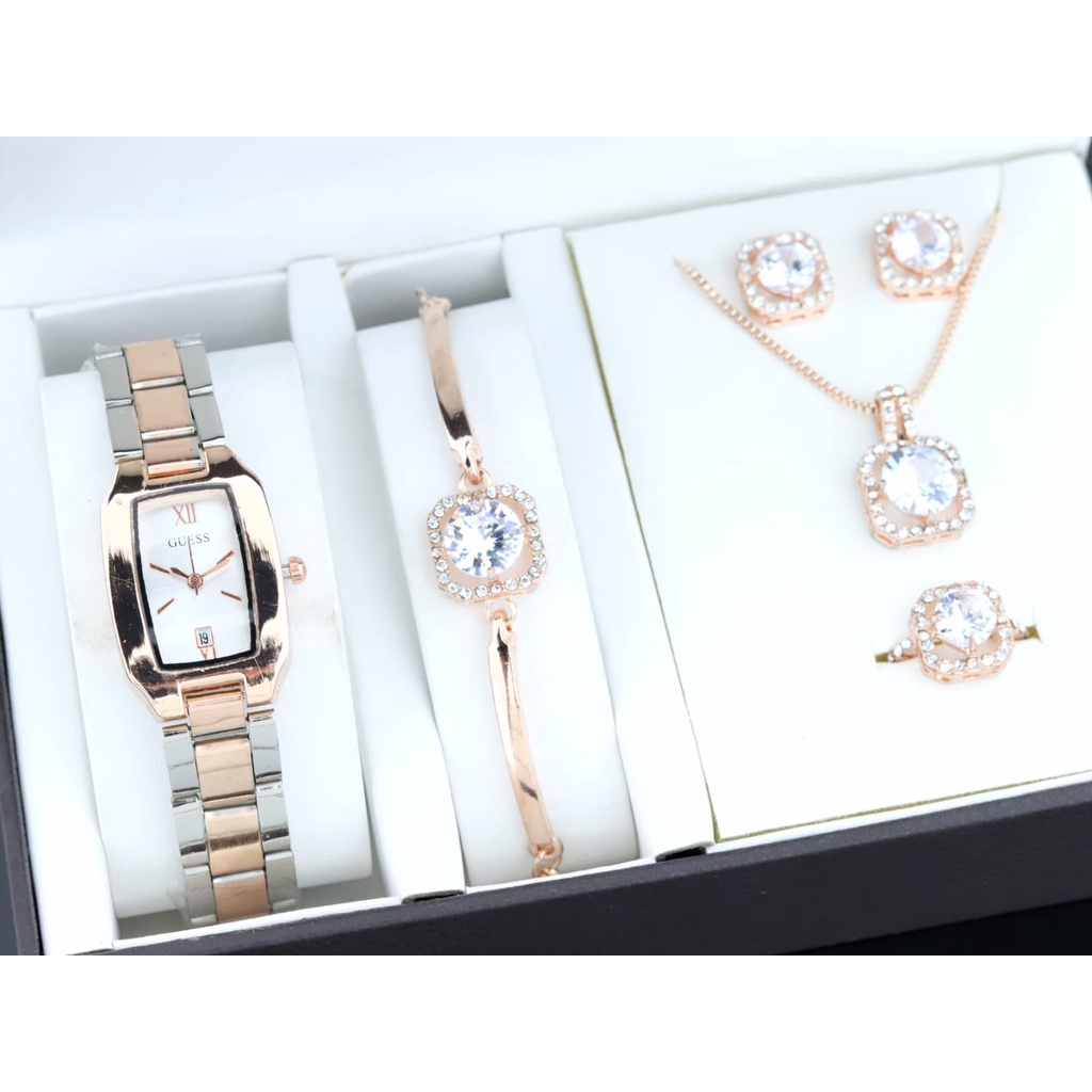 Jam tangan wanita Fullset Kalung Cincin Anting Dan Gelang Strap Rantai Tanggal Aktif