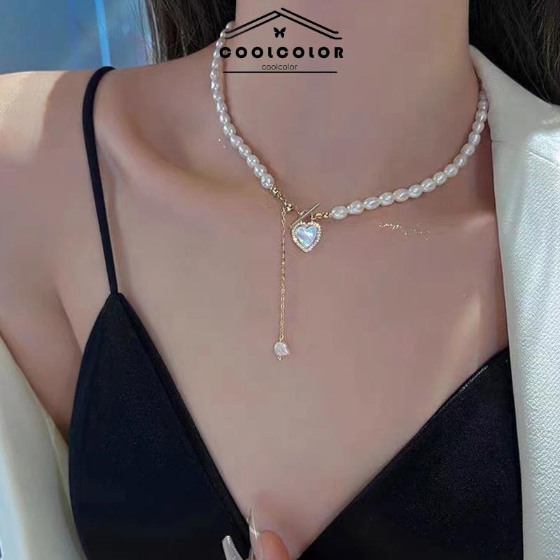 COD❤️Kalung Rantai Klavikula Ganda Liontin Hati Tulip Minyak Mutiara Gaya Korea Elegan Untuk Aksesoris Perhiasan- cl