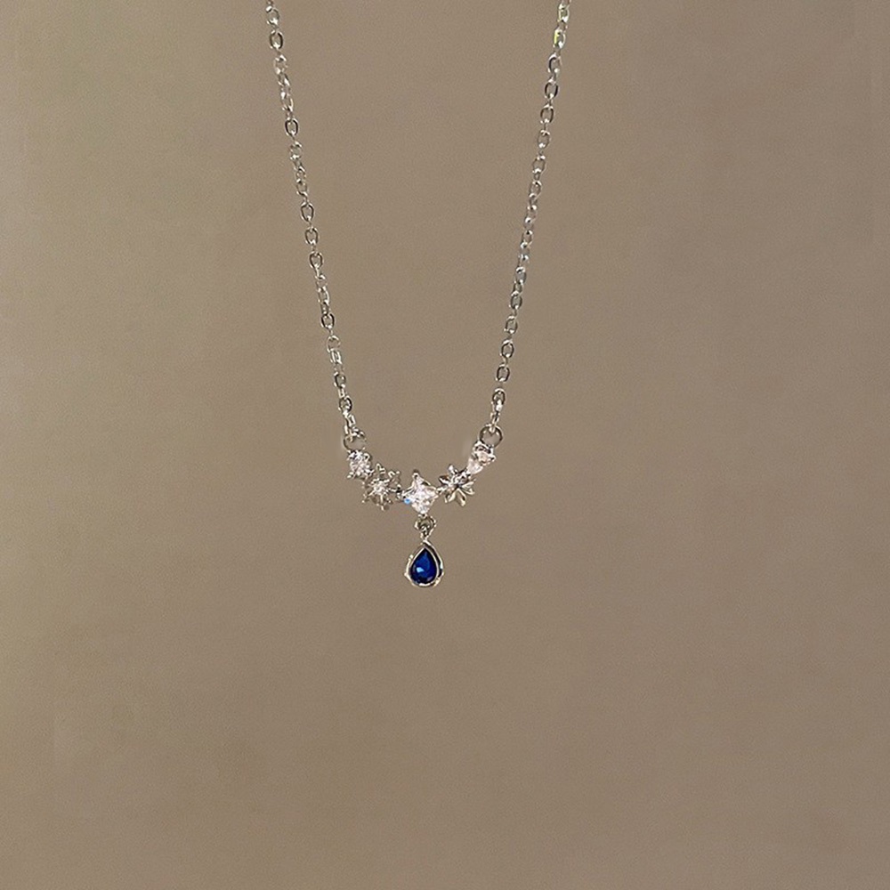 Kalung Rantai Klavikula Hias Liontin Tetesan Air Bahan Zirkon Biru Gaya Simple Elegan Untuk Wanita