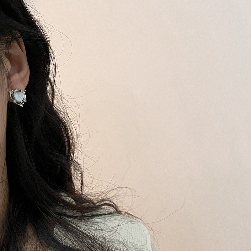 Anting Tusuk Silver Wanita Desain Hati Hias Opal Gaya Korea