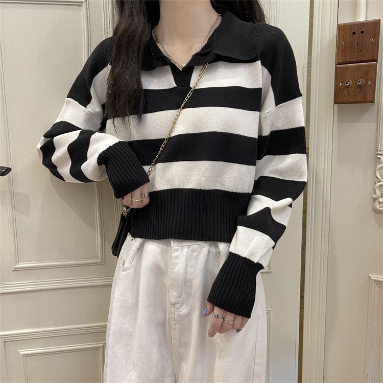 Kaos Stripe Rajut Wanita Lengan Panjang Korean Style Shirt Collar Baju Garis Garis Wanita