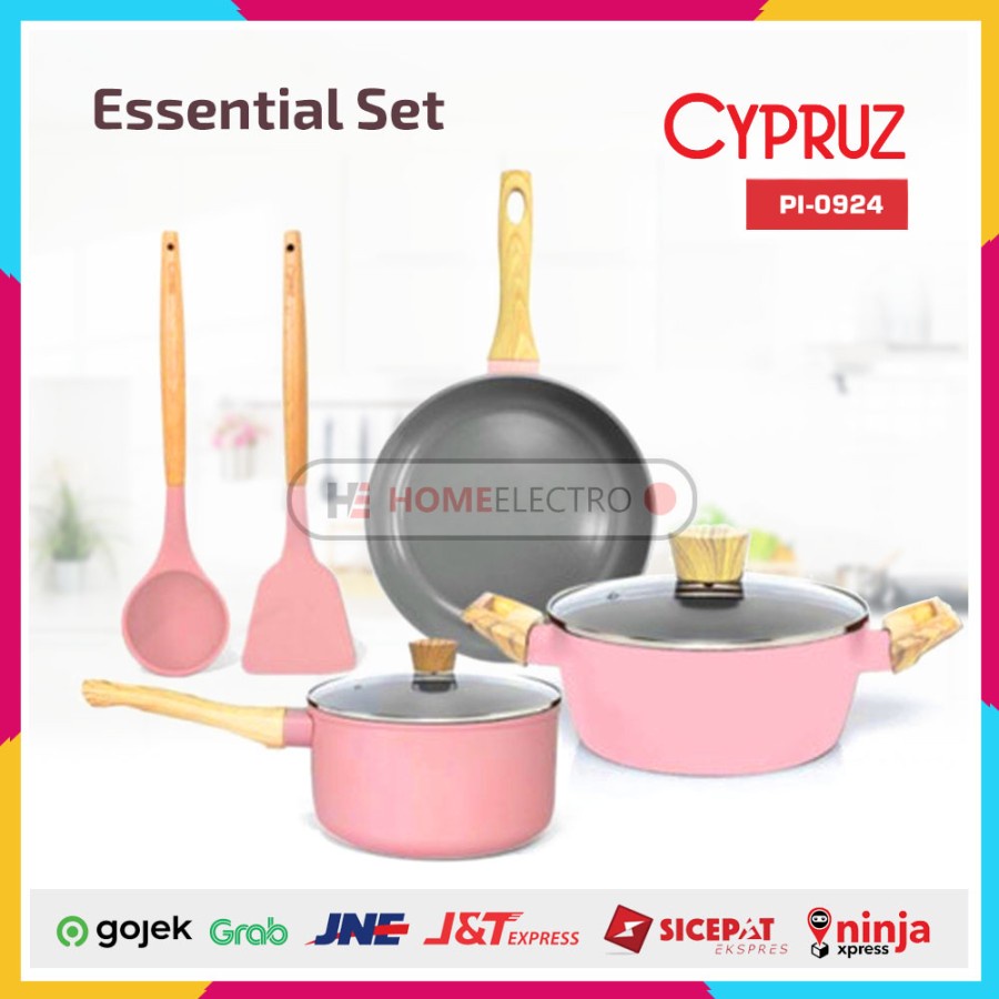 Cypruz PI-0924 Essential Pan Set Panci Spatula Pink Ceramic 7 pcs