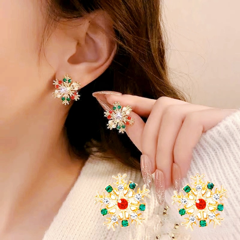 Anting Stud Kristal Berlian Imitasi Bentuk Kepingan Salju Lapis Emas Untuk Hadiah Pesta Natal Tahun Baru