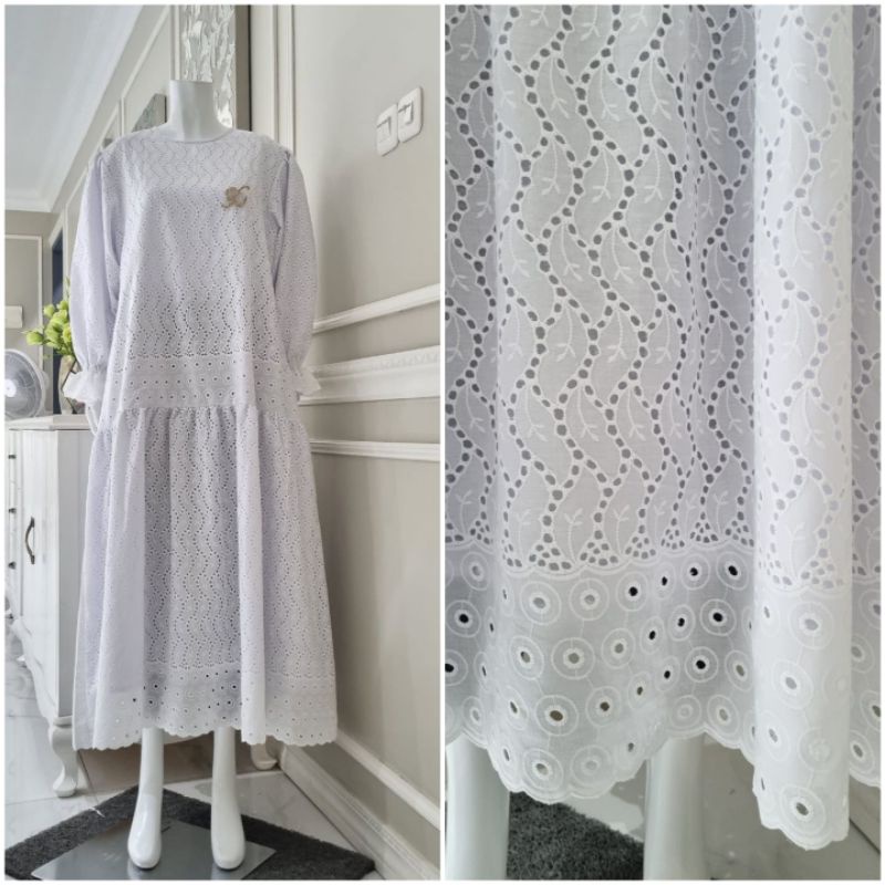 Gamis /midi dress Katun Brukat/bordir khusus putih ori By Edness Kayla