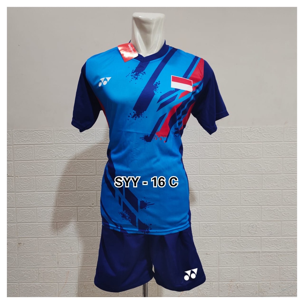 Jersey dan Celana Badminton Motif Terbaru Biru Paket Jersey dan Celana Badminton Printing