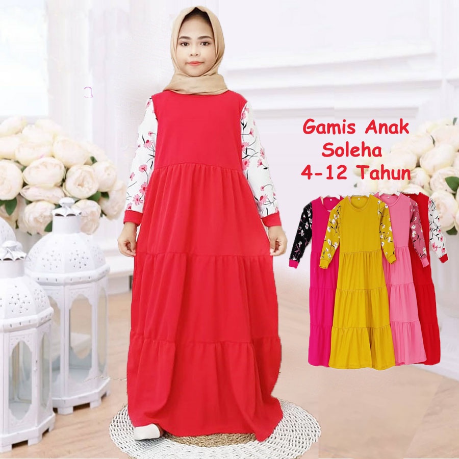 GAMIS ANAK SOLEHA 4-12tahun LENGAN BUNGA KERUT 3 TINGKAT GL FASHION