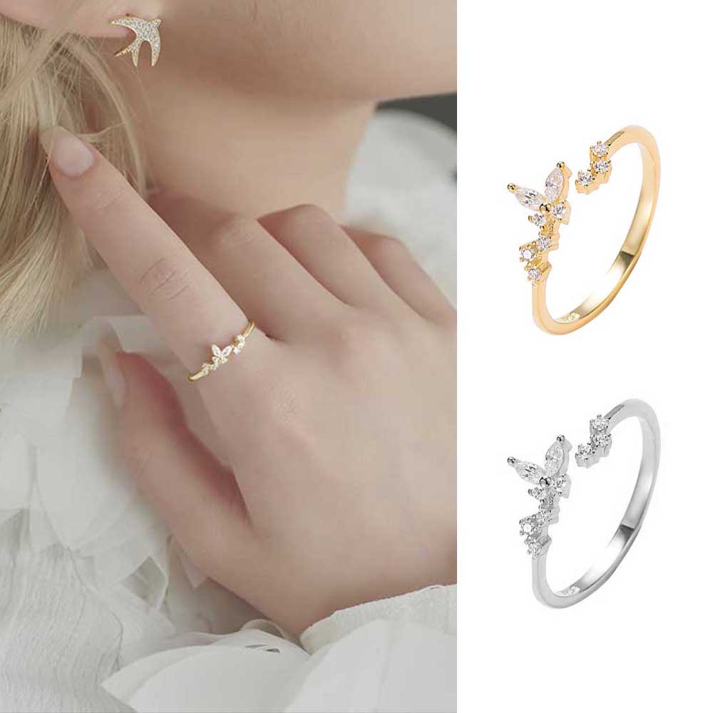 Butterfly Cincin Kristal Zircon Bentuk Kupu-Kupu Bahan S925 Silver Gold Untuk Wanita