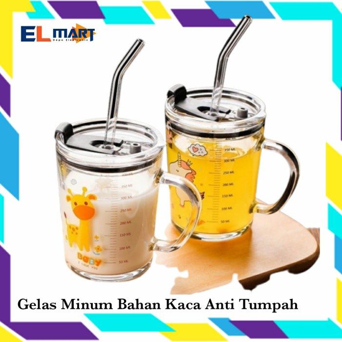 Gelas Kaca Bening Anti Tumpah CK3 Cup Minum Anak Dengan Gagang Sedotan