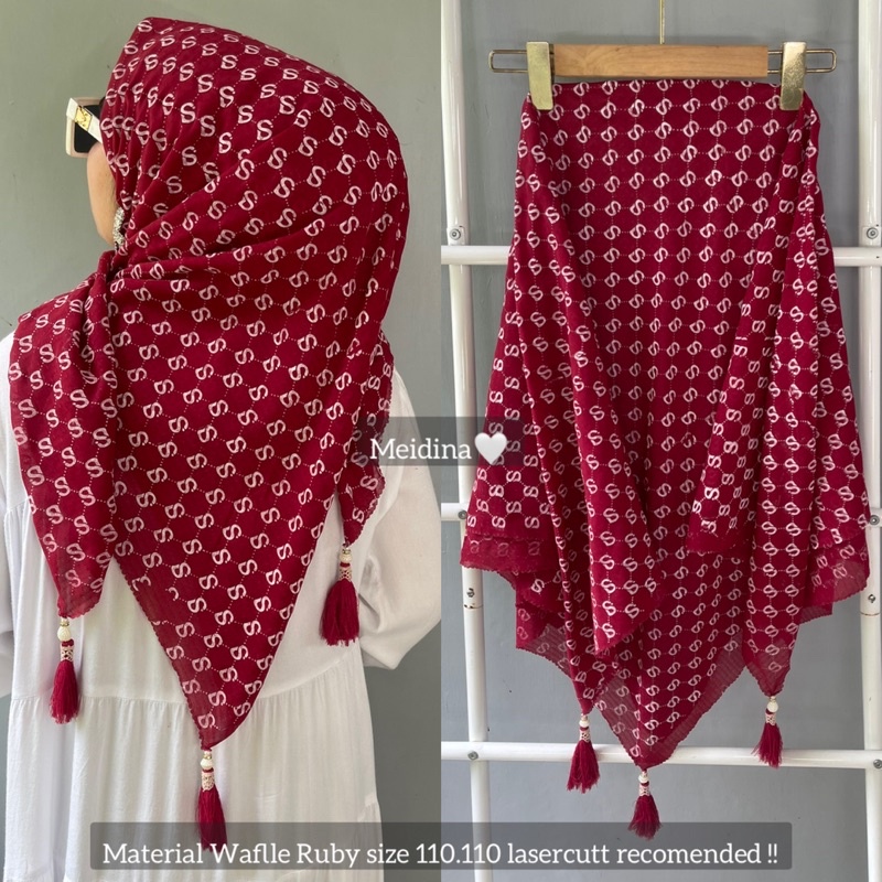 hijab segi empat wafle motif 8 jambul tassel mutiara