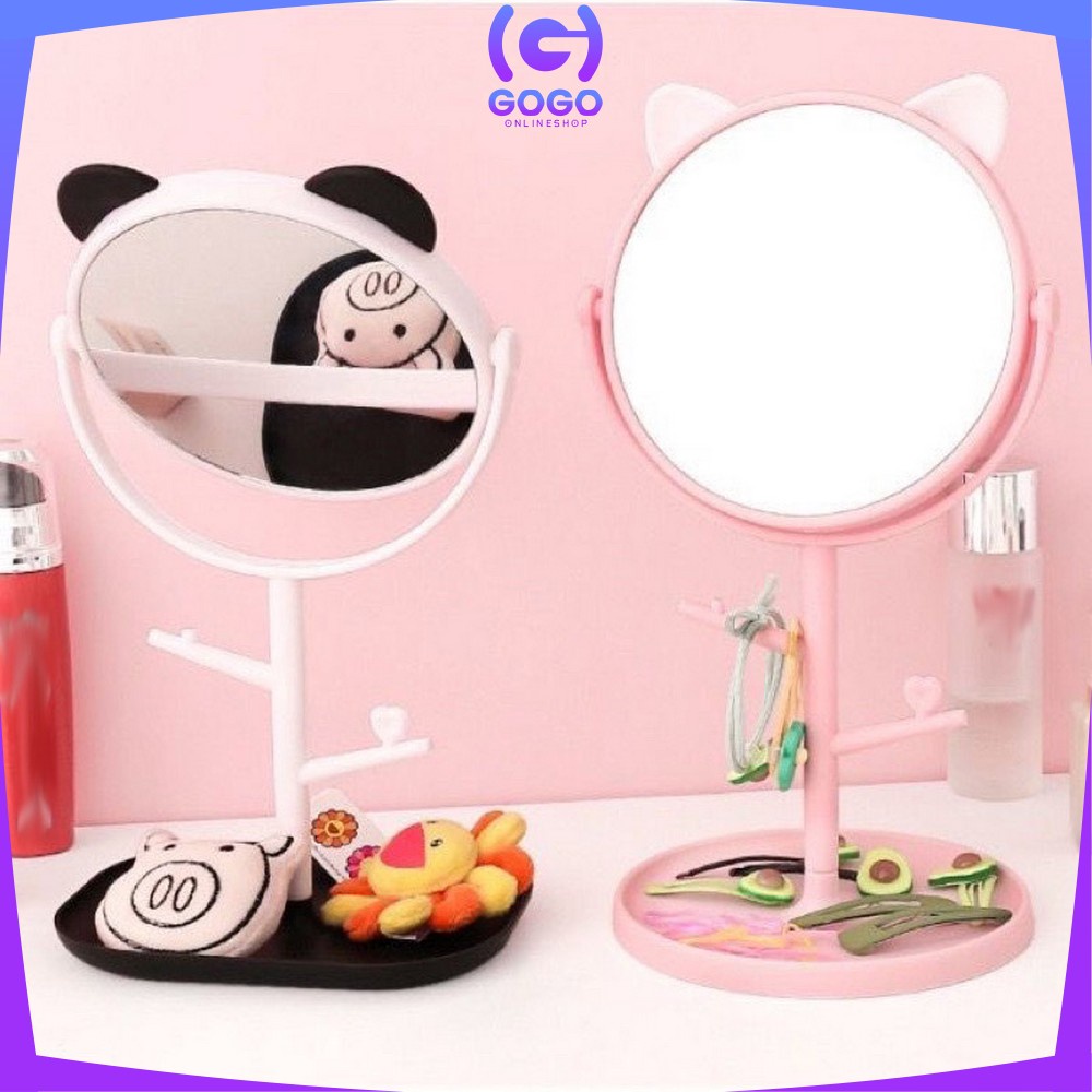 GOGO-K91 Cermin Motif Telinga Panda Serbaguna / Kaca Meja Rias Bulat Lucu / Standing Mirror Makeup Desktop Rotating Multifunction