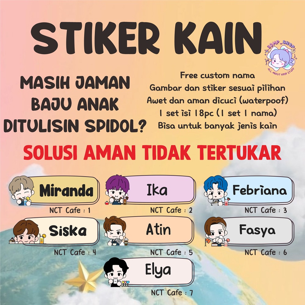 Stiker nama kain baju custom label sablon setrika laki laki pria perempuan gadis wanita anak muslim sd sekolah pondok  tk fullday scholl nct dream
