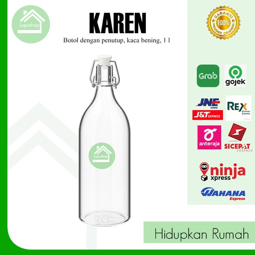 KAREN Botol dengan penutup- kaca bening- 1 l botol air kulkas