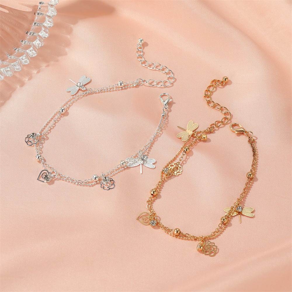 Gelang Kaki Rantai double layer Desain Capung Mawar Untuk Wanita