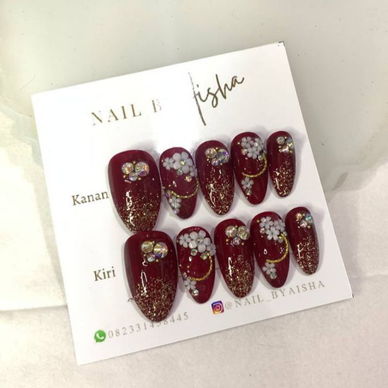 nail by aisha | almond flowers wedding nail art warna marun | custom ukuran