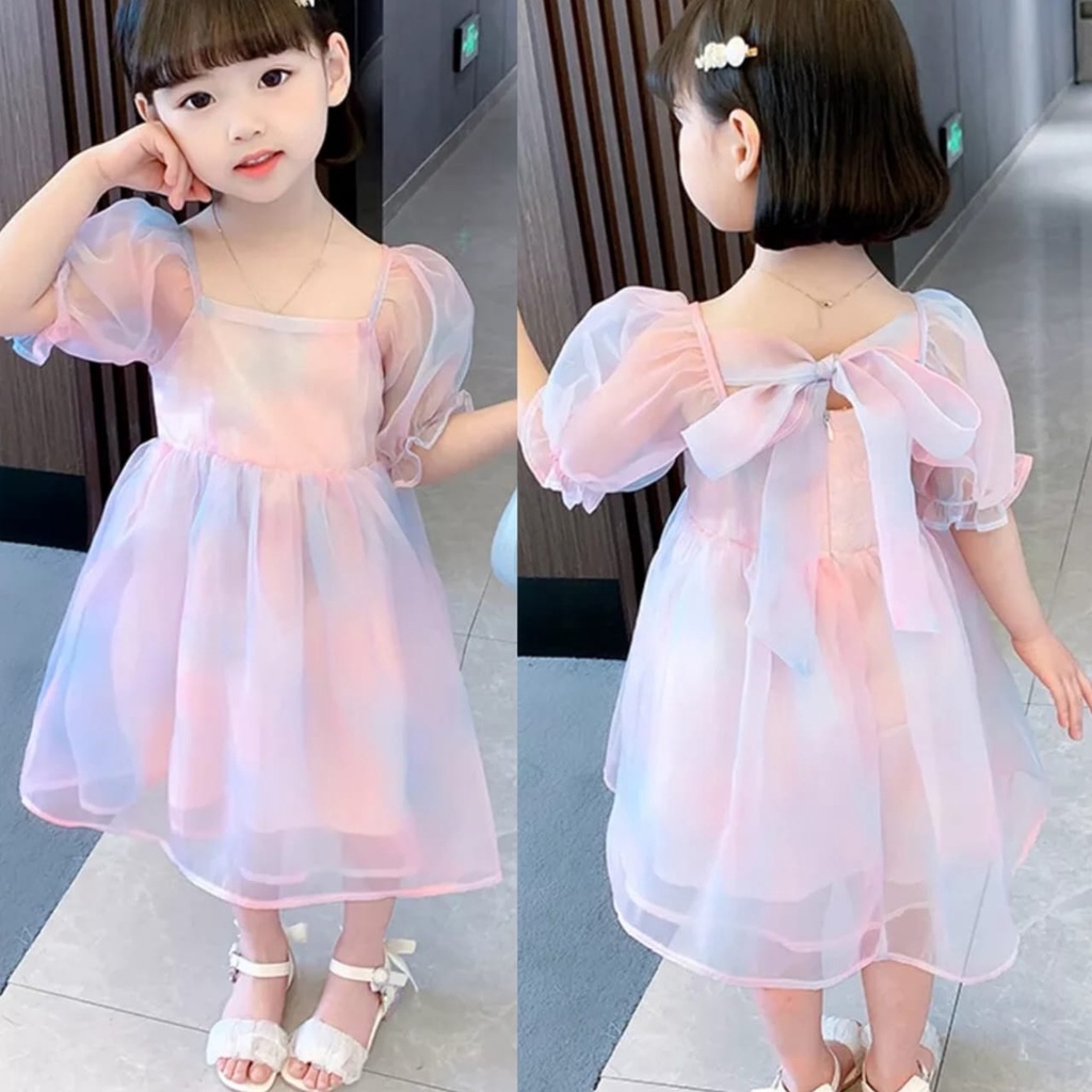 Dress rainbow anak import 3-11th lengan balon pita besar organza