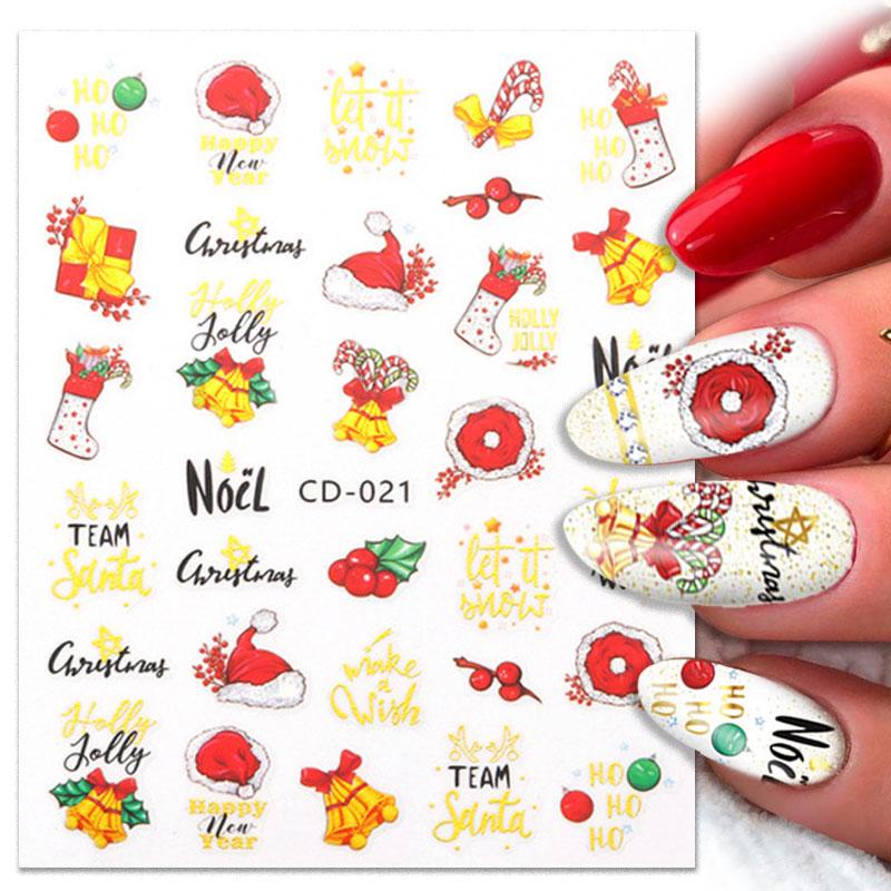 Stiker Kuku 3D Desain Santa Claus Bell Snowflake Rusa Natal Warna Emas Untuk Dekorasi Manicure