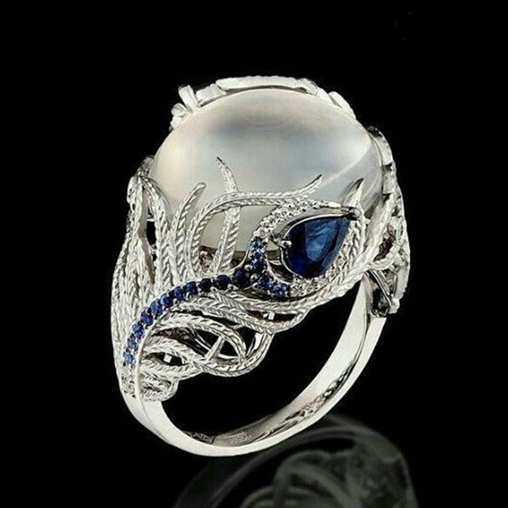 Cincin Jari Bentuk Bulu Merak Aksen Opal Sapphire Imitasi Untuk Wanita