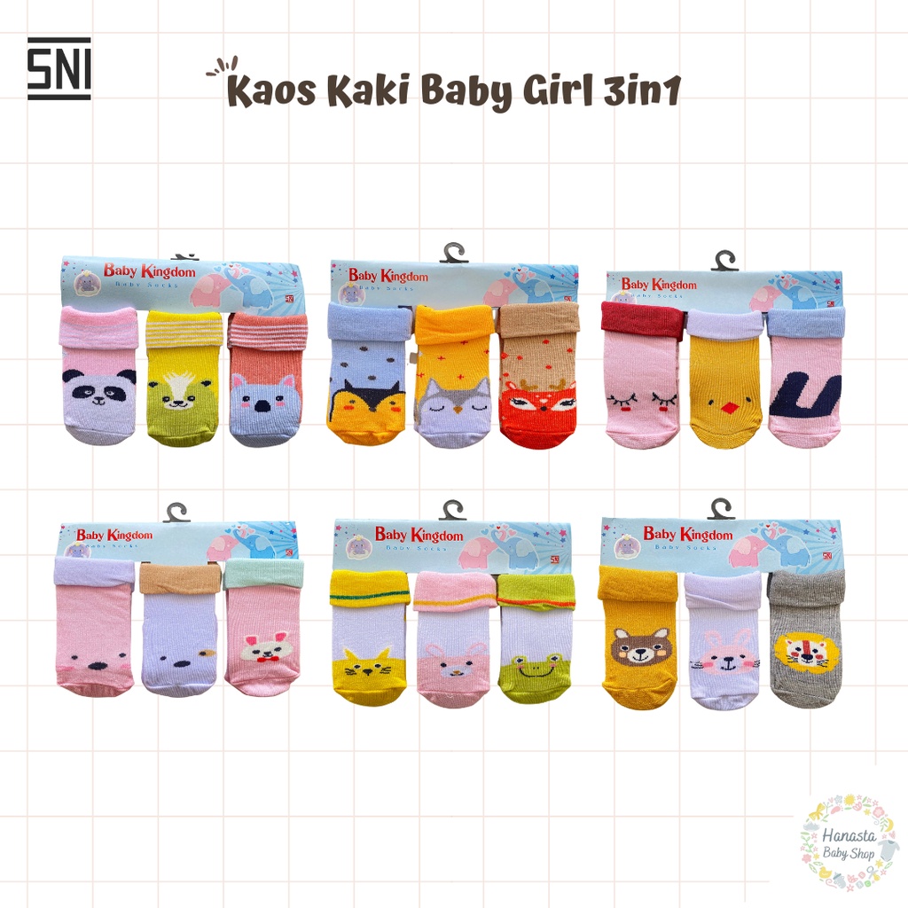 3In1 Kaos kaki bayi baru lahir Baby Kingdom / Kaos kaki bayi laki-laki perempuan 0-6 Bulan SNI Motif Lucu