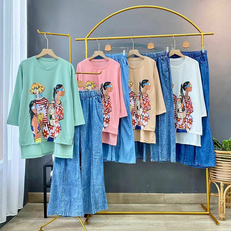 Fashion Girls Set, SETELAN KAOS &amp; JEANS KULOT WANUTA FIT XXL TERMURAH OOTD MODIS