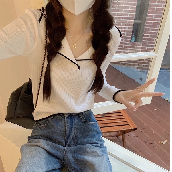 Polo Knit Top Long Sleeve Korean Style Rajut Crop Polos Atasan Rajut Fit Body