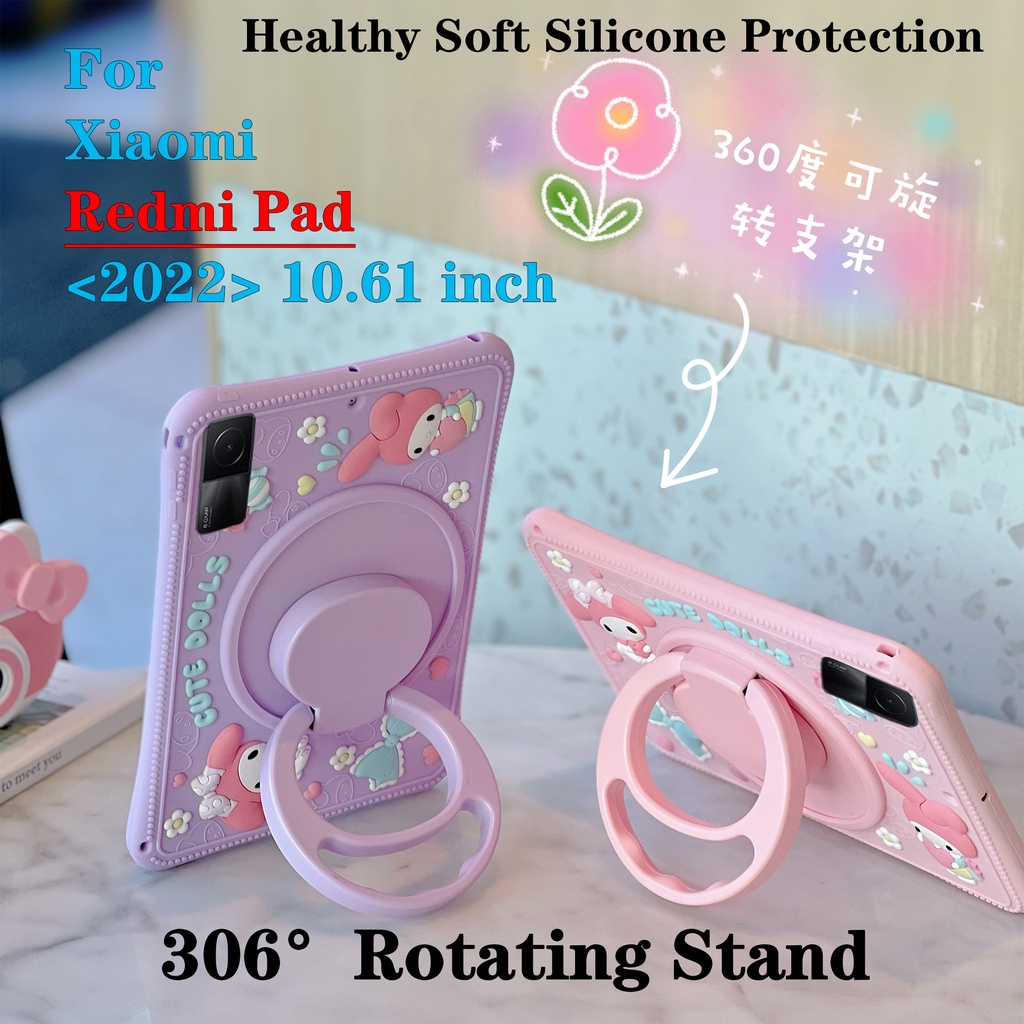 Casing Pelindung 360 Derajat Soft Case Bahan Silikon Untuk Xiaomi Redmi Pad (2022) 10.61inci VHU4254IN 5G° Ring Stand Case Motif Kartun My Melody