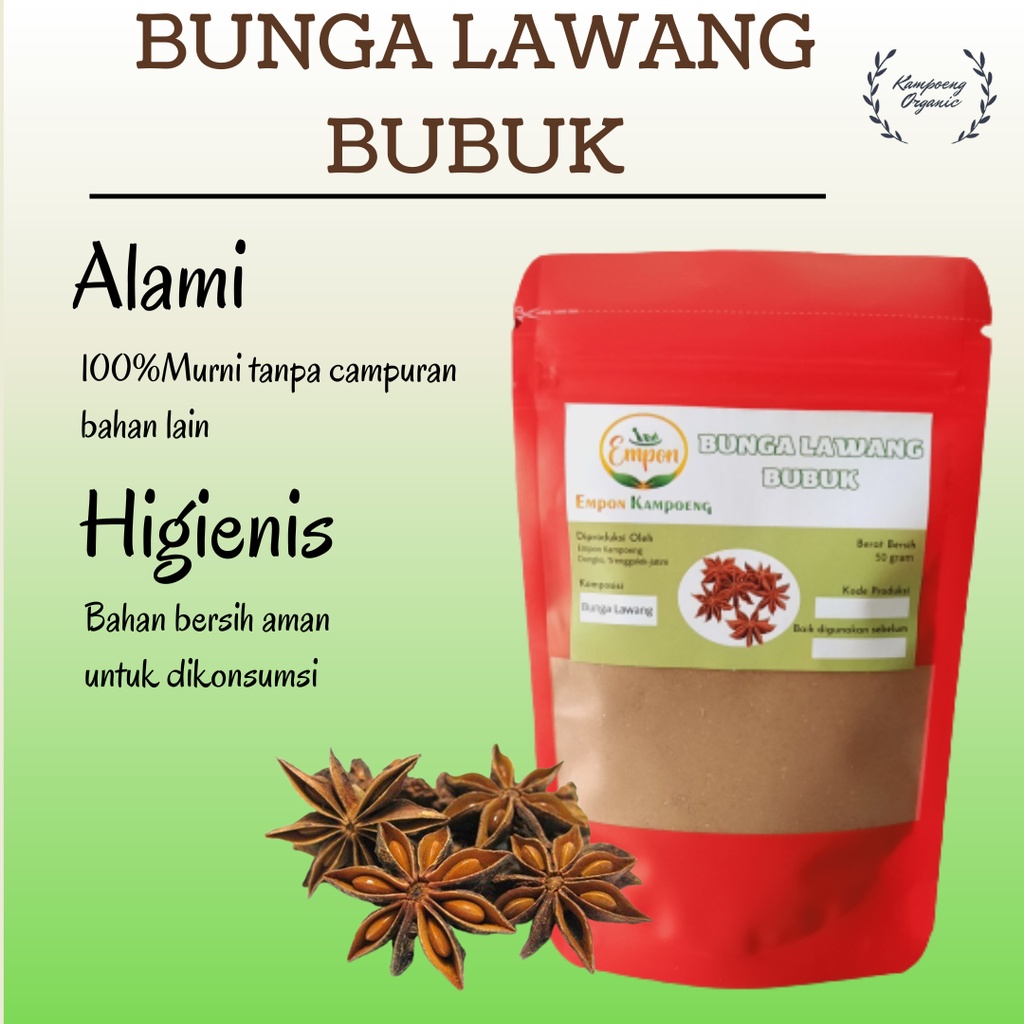 

Bubuk Bunga Lawang Pekak Bubuk Serbuk Star Anise Powder Organic Minuman Jamu Rempah Herbal Tradisional Asli Alami Murni Organik