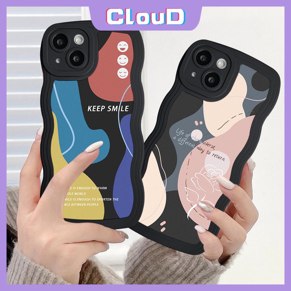 Ins Abstrak Art Moranti Jahitan Kontras Smiley Case Redmi Note9 8 11s 9s 9pro 10s 11 10 Pro Max Plus Note11 Redmi A1 10C 10 10A 9A 9 9T 9C NFC Lembut Bergelombang Pinggiran Bunga Penutup