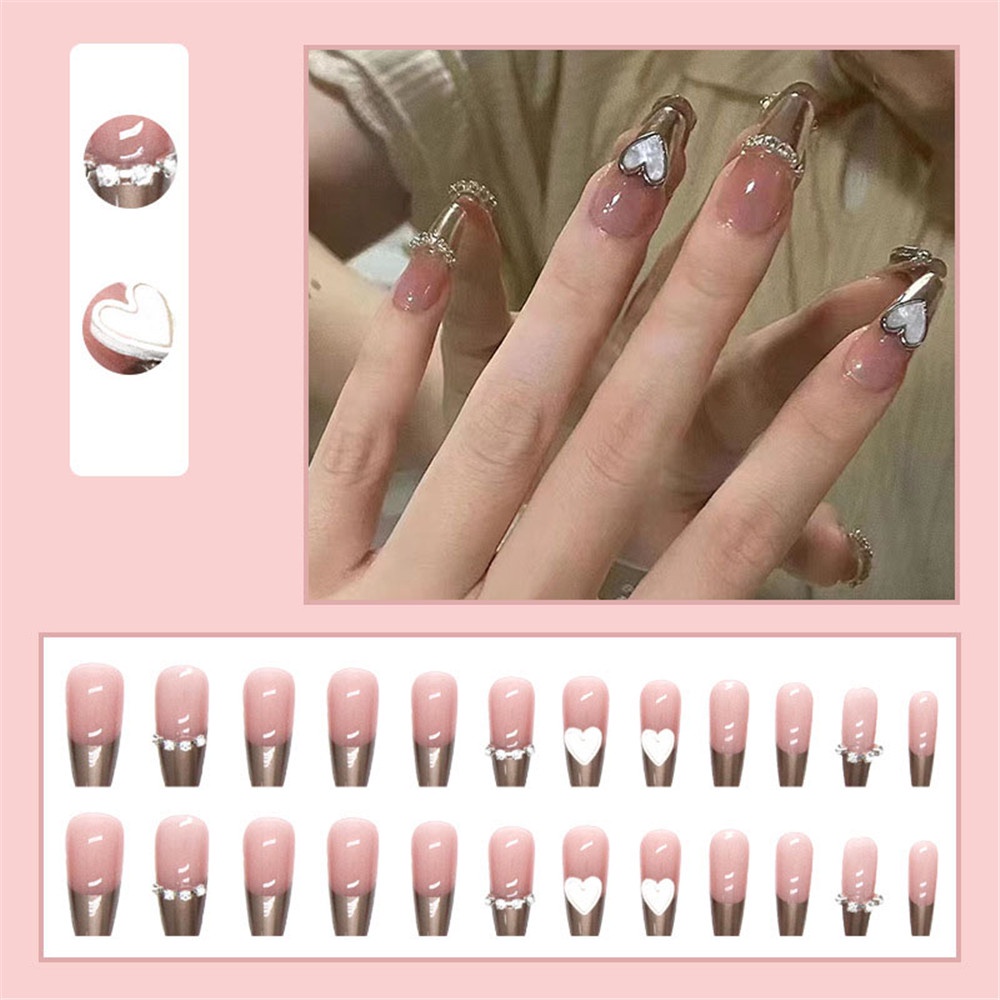 24pcs Patch Kuku Palsu Panjang Dapat Dilepas Desain Hati Mutiara 3D Untuk Manicure