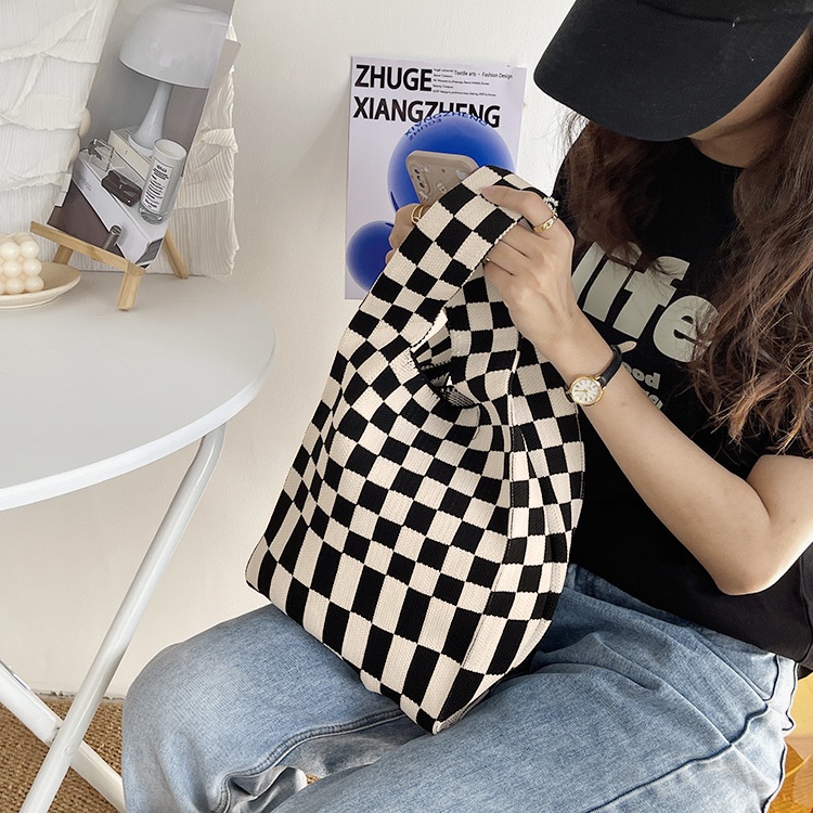 Tas Wanita Rajut Buffollow SMALL Korean Knitted Checkered Tas Tote Bag Import