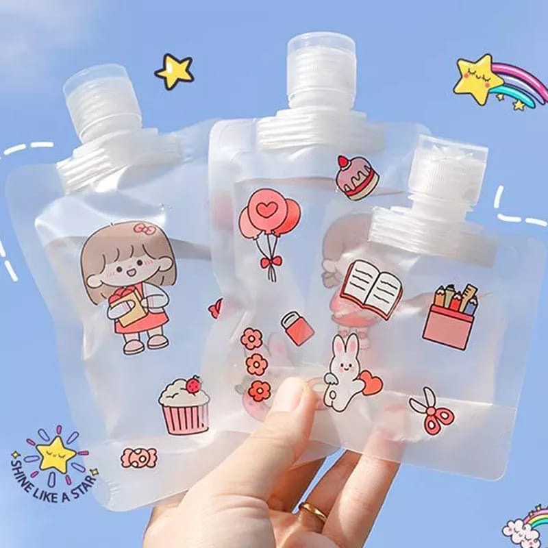 Botol Pouch Plastik Travel Refill Tempat Sabun Cair Lotion Shampoo Kondisioner Skincare Stiker Cantik Viral