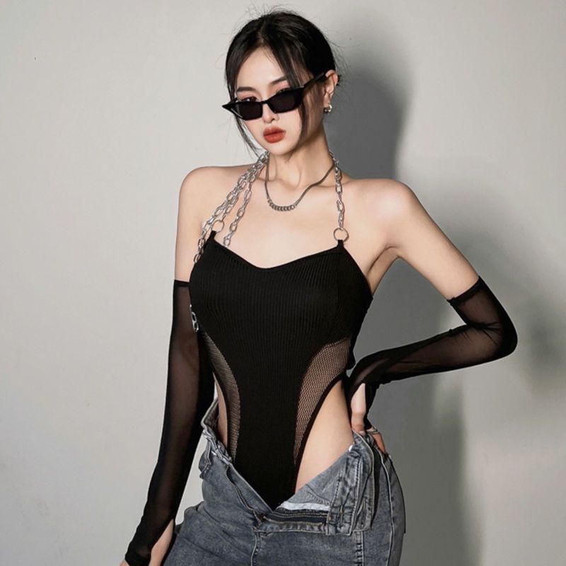 Red Rapcopter Eropa dan Amerika Sexy Mesh Chain Sling Bodysuit Wanita + Lengan Knit Slim Hot Girl Top Trendy