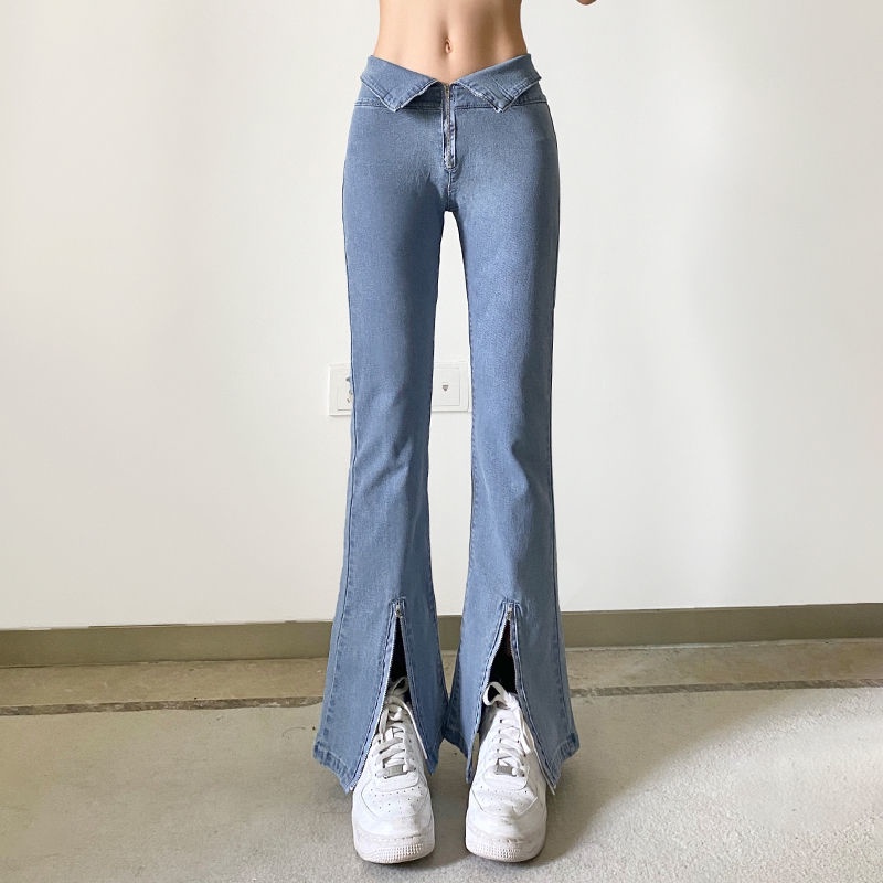 Red Rapcopter Eropa dan Amerika ritsleting flip-up micro-launched jeans wanita berbentuk V warna solid slim-fit kaki panjang hot girl celana lebar kaki