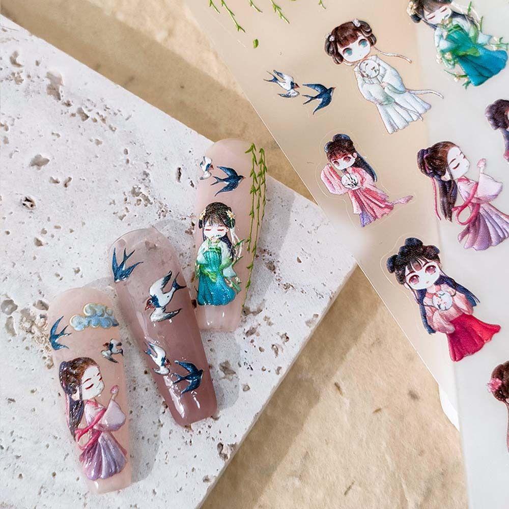 Mxbeauty Stiker Kuku Cina Wanita Fashion Karakter Cina Manicure Aksesoris Swallow Crane Gaya Antik Nail Art Dekorasi