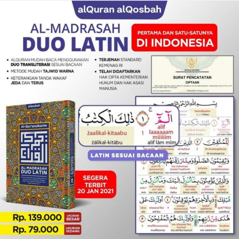 Mushaf Al Qur'an Almadrasah Duo Latin Terjemahan Terjemah Perkata Tajwid Warna Murah