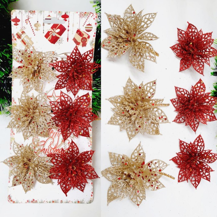 

Paket Bunga Natal Emas Merah Hiasan Natal Christmas Flower Grosir Xmas - 7cm 6pcs AB6167