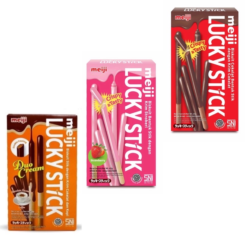 

Meiji Lucky Stick Crispy & Tasty 45gr / Meiji / Lucky / Stick / Crispy / Tasty / 45gr / Chocolate / Strawberry / Choco / & / Coffee / kopi / Cokelat / stik / biskuit / biscuits / duo / cream / coklat