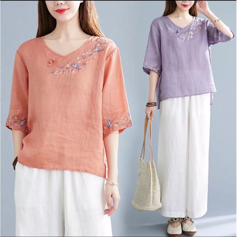 baju bahan katun linen motif bordir bunga