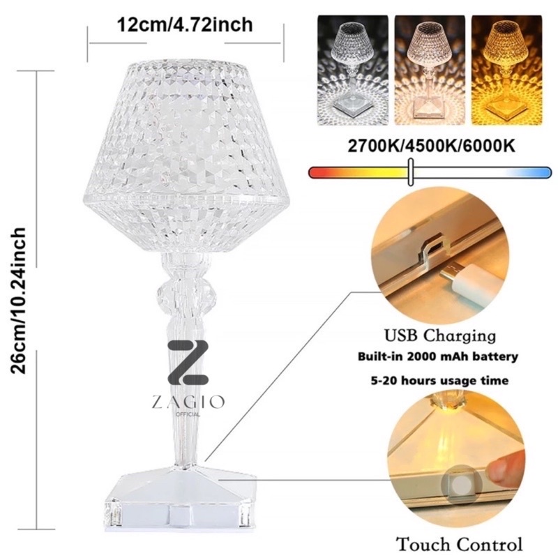 Lampu tidur kristal akrilik/ Lampu hias / Lampu kristal / Lampu meja mewah / Lampu viral