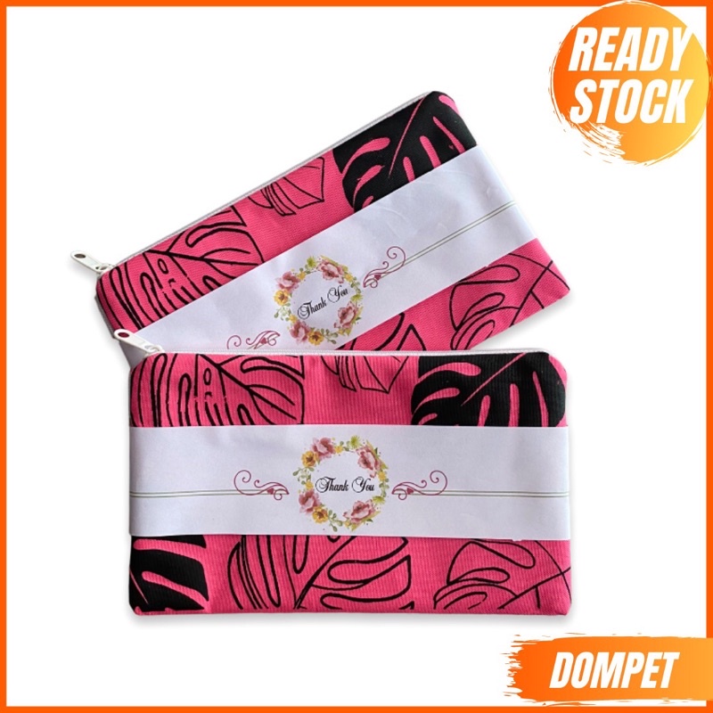 SOUVENIR  PERNIKAHAN ULTAH KHITAN TASYAKURAN POUCH SEMI KANVAS MOTIF MONSTERA PINK FREE PACK PLASTIK THANK CARD THANK YOU  20X12  READY SIAP KIRIM