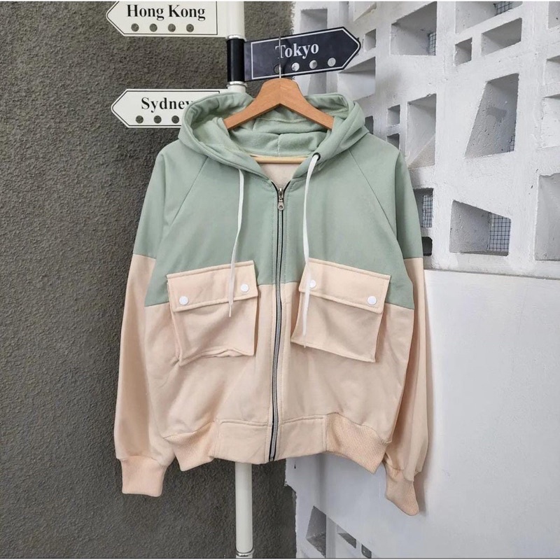 Sweater wanita TWO TONE JACKET sweater polos wanita hoodie wanita sweater wanita kekinian