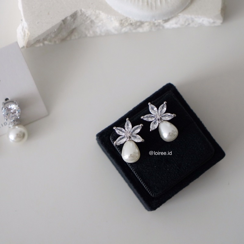 EMILIA | Wedding Collection - Zirconia Flower Pearl Drop Stud Bridal Earrings - Anting Wanita