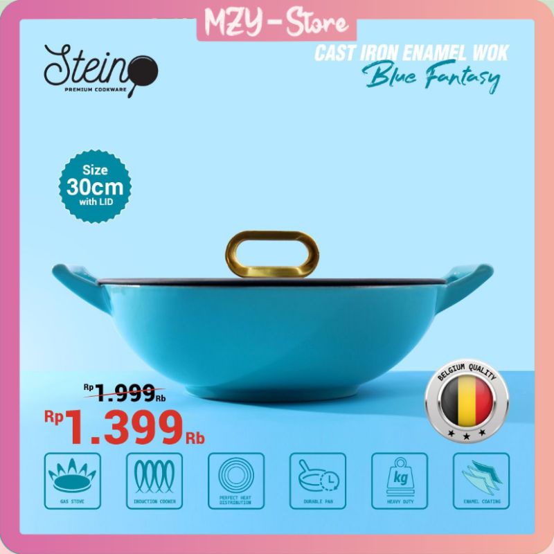 (Free Soup Spatula + Nylon) Stein Cast Iron Enamel Steincookware Wok Pan 30 Cm Enamel Misty Green Blue Fantasy Cast Iron Enamel