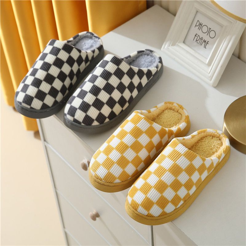 SANDAL RUMAH KOREA BULU SLIP ON CHECKERED BOARD