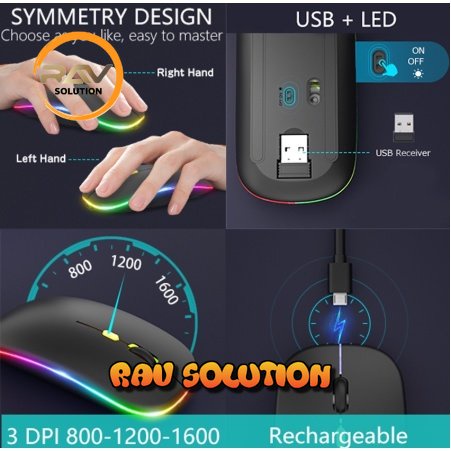 Mouse wireless gaming silent click rechargeble 2.4G komputer laptop slim tipis USB 1600DPI -Hitam(no colorful light)/wireless mouse gaming silent click rechargebel  2.4G  - RAV SOLUTION