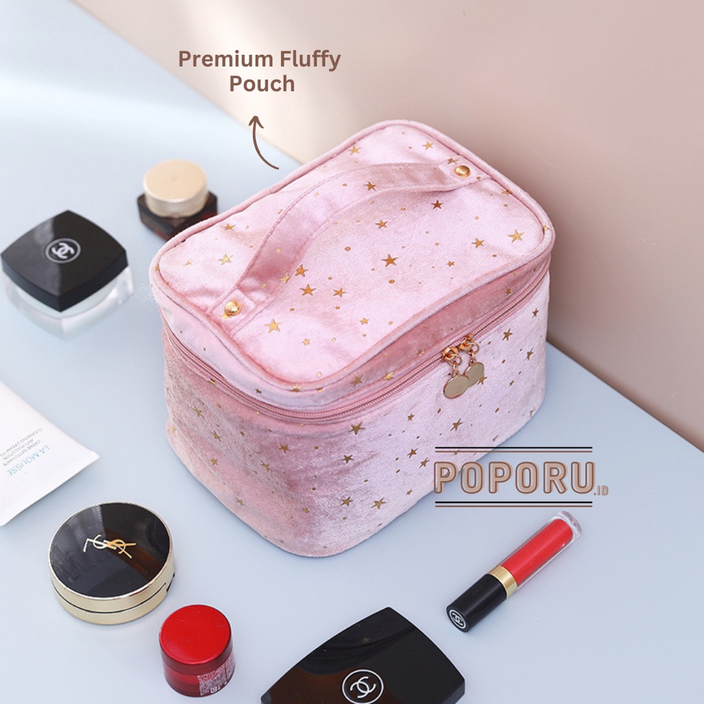 POPORU FLUFFY pouch 4 types - cosmetics bag organizer for make up - tas tempat kosmetik brush holder set