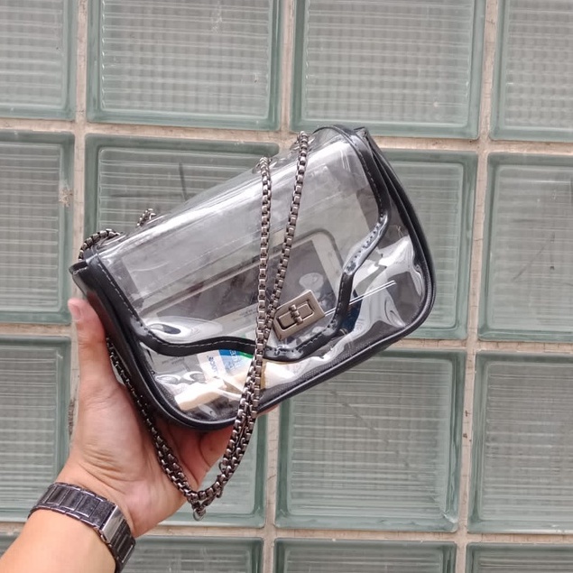 Tas Selempang Transparan Resleting Kunci PVC Sling Bag POUCH Tali Rantai Tas Konser Festival Tas Mika
