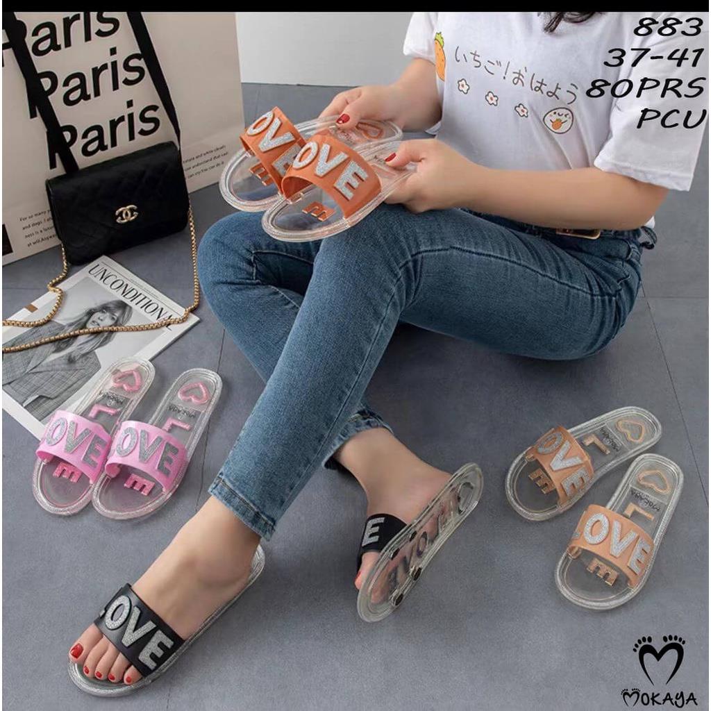 Sandal Slop Jelly transparan flat Teplek Bening motif LOVE Glitter Cantik Mewah Import MKY 883 37-41